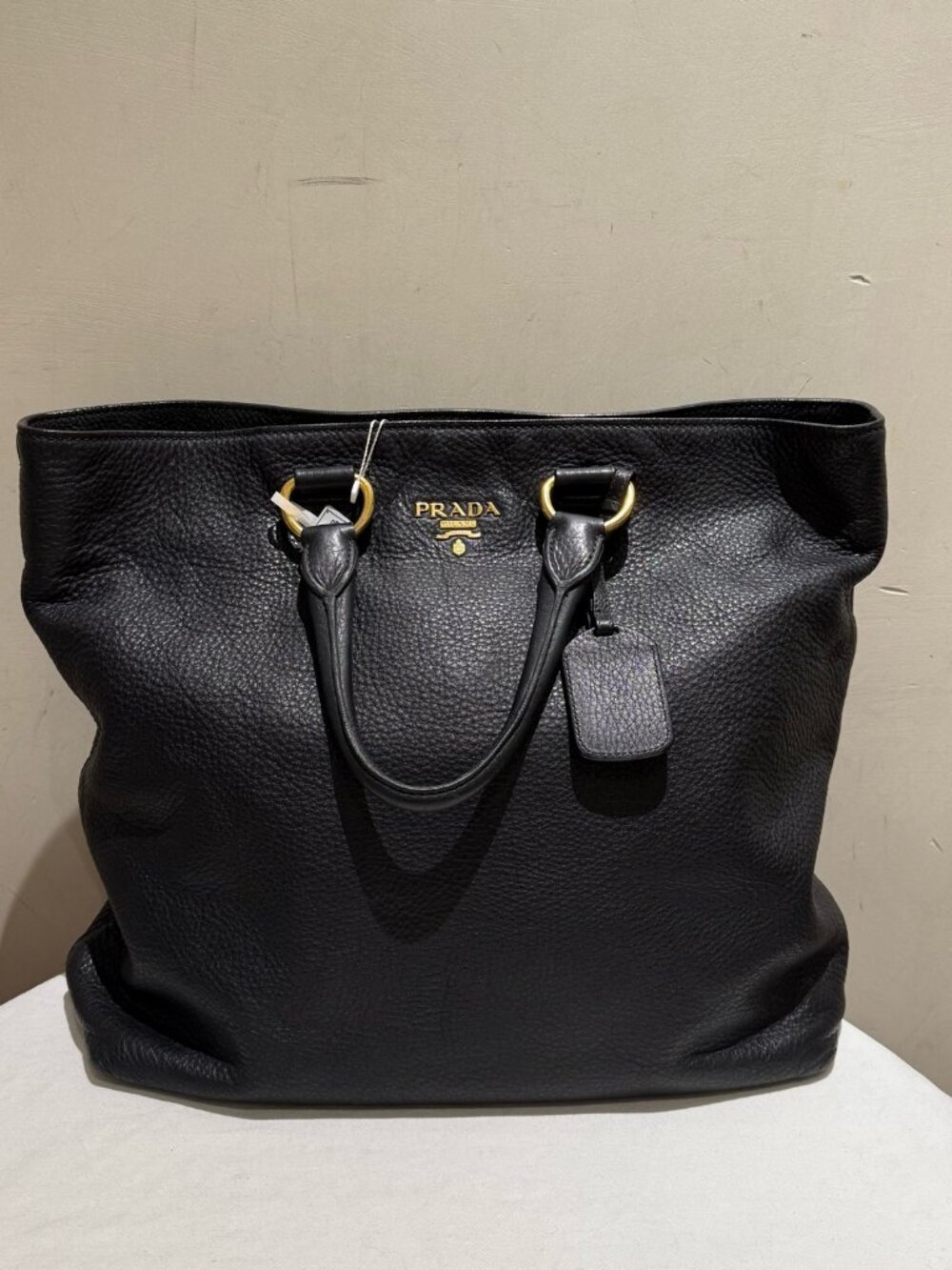 Prada BN1713 Black Grained Calfskin Gold Hardware Tote Handbag